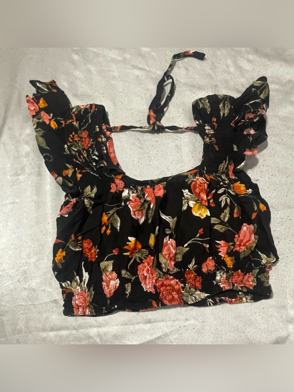 Black Floral Square-Neck Crop Top with Tie Straps